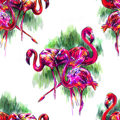 Seamless pattern with tropical plants and a flamingo