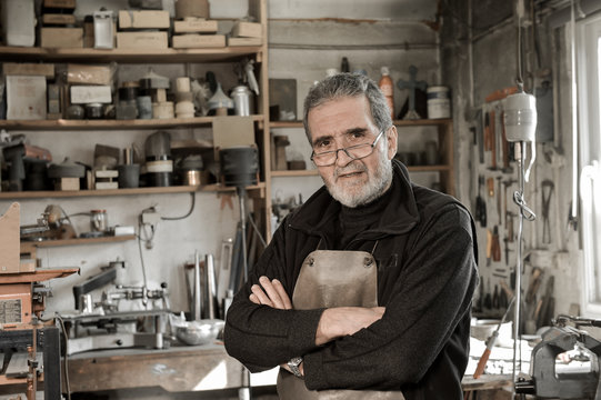 Portrait Master Goldsmith Working In His Workshop