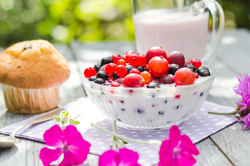 Breakfast garden fruits currants gooseberries buttermilk