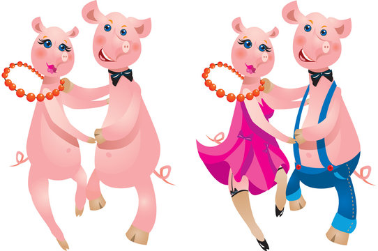 A happy cartoon couple of pigs dancing.