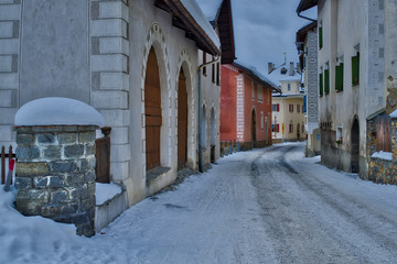 Glimpse of the village of S-chanf in the Engadine valley in Swit