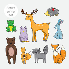 Set of different forest animals in cartoon styl