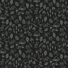 Seamless atumn forest pattern with mushrooms in cartoon style