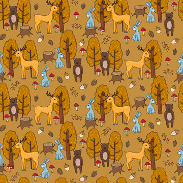 Seamless pattern with different anumals in a forest in cartoon s