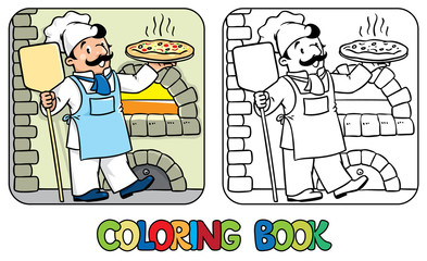 Coloring book of funny cook or chef  with pizza 