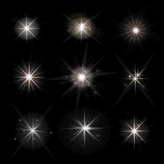 Shine stars with glitters and sparkles. Effect twinkle, design glare, scintillation element sign, graphic light, vector illustration