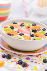 Colorful spring dessert vanilla pudding fruit