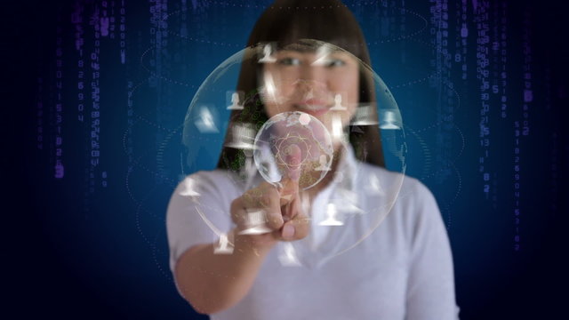 Woman touches a screen to reveal an animation of her social network - Powered by Adobe