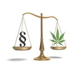 classic scale of justice with marijuana and paragraph symbol