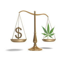 classic scale of justice with marijuana and dollar symbol