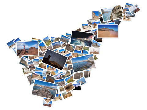 A collage of my best travel photos of Tenerife, forming the shape of Tenerife island, version 6.