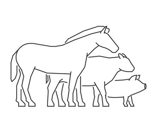 Vector line farm animals. Outline horse, pig, cow and chicken.