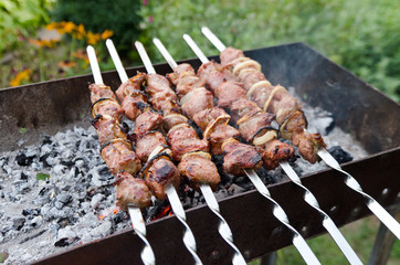 Brazier with the preparing shish kebab on skewers