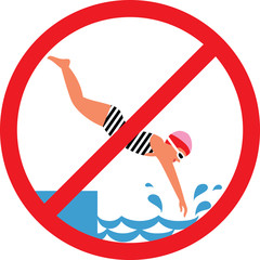 No diving sign with woman jumping into water in the swimming pool.