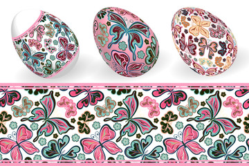 Set of Isolated Easter eggs and seamless geometric patterns. Happy Easter. Vector objects. 3D. Realistic Easter eggs. Vector background. Easter.