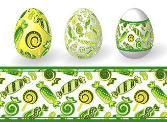 Easter. Set of Isolated Easter eggs and seamless candy patterns. Happy Easter. Vector objects. 3D. Realistic Easter eggs. Vector spring green background.
