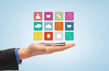 male hand with smartphone and menu icons