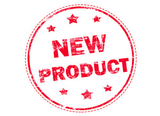 New product on red grunge rubber stamp
