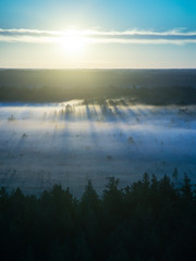Fototapeta na wymiar Foggy colorful morning above fields