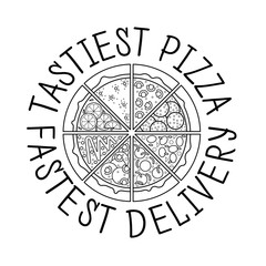 Fast food isolated vector flat. Pizza flat icon. Pizza ingredients and pizza slice. Pizza delivery.