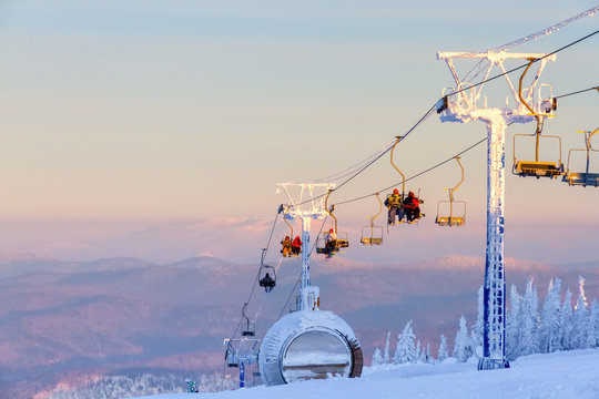 Winter sunset from the mountain top in Sheregesh, Siberia, Russia