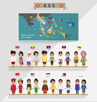 ASEAN boys and girls in traditional costume with flag. map of as