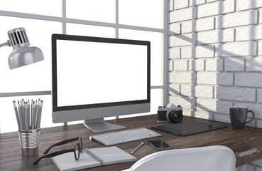 3D illustration PC screen on table in office, Workspace