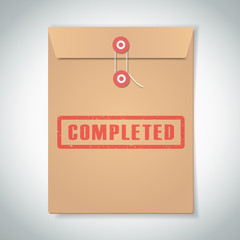 Stamp completed with red text over brown document file