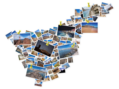 A collage of my best travel photos of Tenerife, forming the shape of Tenerife island.  Yellow pushpin showing the locations of most famous Tenerife Landmarks.