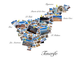 A collage of my best travel photos of Tenerife, forming the shape of Tenerife island.  Yellow pushpin showing the locations of most famous Tenerife Landmarks. © herraez