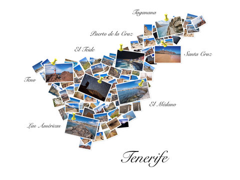 A collage of my best travel photos of Tenerife, forming the shape of Tenerife island.  Yellow pushpin showing the locations of most famous Tenerife Landmarks.