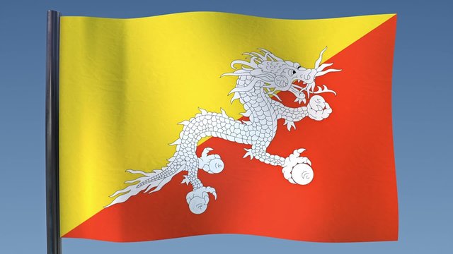 Looping flag of Bhutan on a clean blue sky.