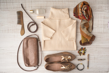 Fashion look set in beige colors top view
