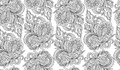 Obraz premium Seamless doodle flower background in vector with doodles, flowers. Circles ethnic floral pattern. Used Clipping mask for easy editing.