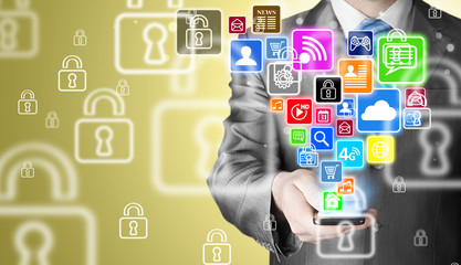 Business man using smart phone with social media icon set