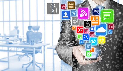 Business man using smart phone with social media icon set