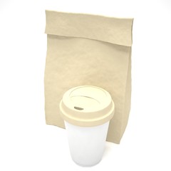 Coffee to go and lunch bag, on white.