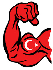 Biceps painted with colors of Turkish flag as symbol of power of Recep Tayyip Erdogan, president of Turkey 