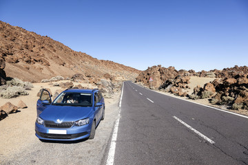 car near road in national park El Teide on canarian island of te
