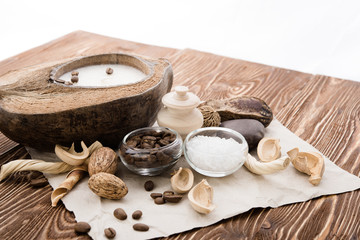coffee beans, Spa stuff with candles in coconut