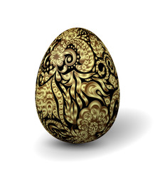Beautiful painted easter egg on white background. 3D effect, shadow Golden ornate floral pattern on black egg.