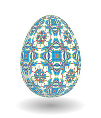 White Single Vector Easter Egg with Abstract Colorful Pattern - Beautiful Close Up Design with Smooth Shadow on the Ground. Blue ornament on white egg.