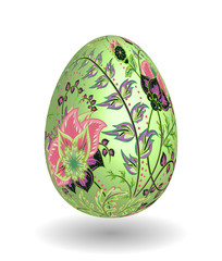 Gold egg with hand draw floral ornate isolated on white background. Fantasy pink gray  flowers on green egg.