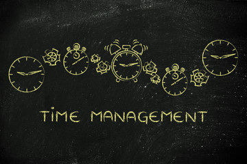 time management: clocks, stopwatches and alarms with gearwheels