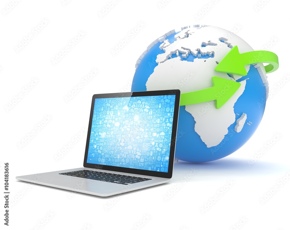 Wall mural Laptop network and earth globe. 3d render