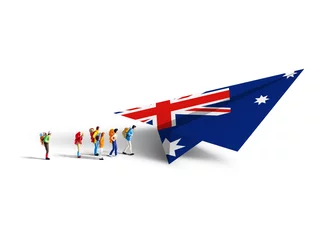 Poster Miniature backpackers walking to the paper australia airplane on © ArtBackground