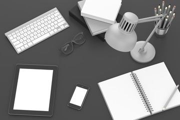 office stuff on table, workplace, top view