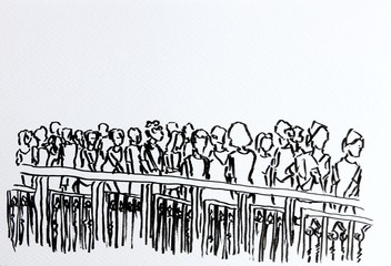 crowd walking/crowd walking in urban scene cartoon drawing on paper