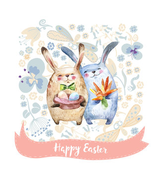 Two Cute Rabbits Hold Gifts- Eggs And Bouquet of Carrot.