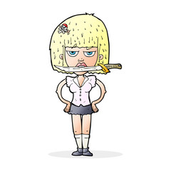 cartoon woman with knife between teeth
